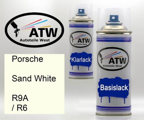 Porsche, Sand White, R9A / R6: 400ml Sprühdose + 400ml Klarlack - Set, von ATW Autoteile West.